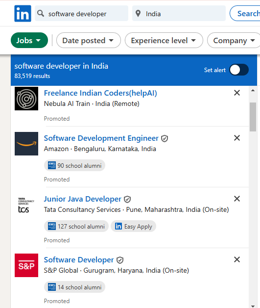 software developer basic search on linkedin