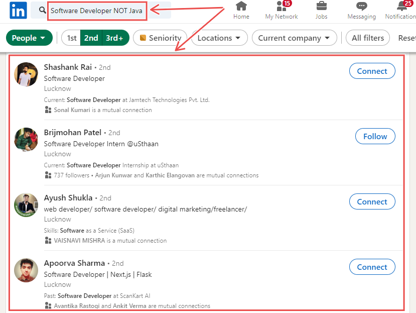 LinkedIn "Software Developer NOT JAVA" boolean search.
