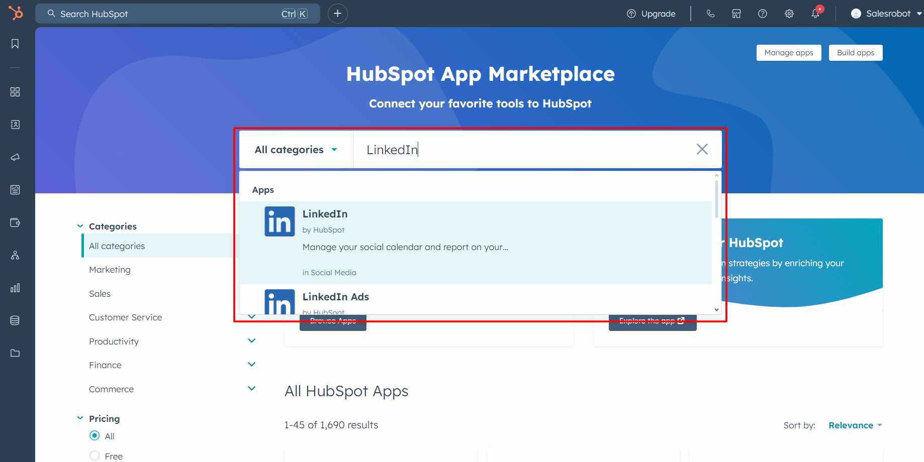 LinkedIn Husbpot integration search 