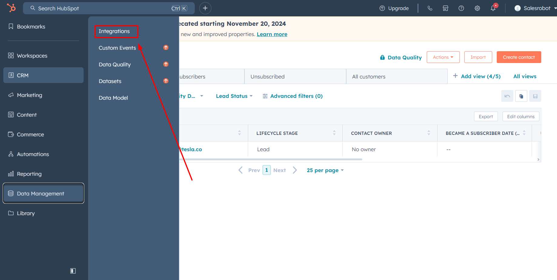 HubSpot integrations option