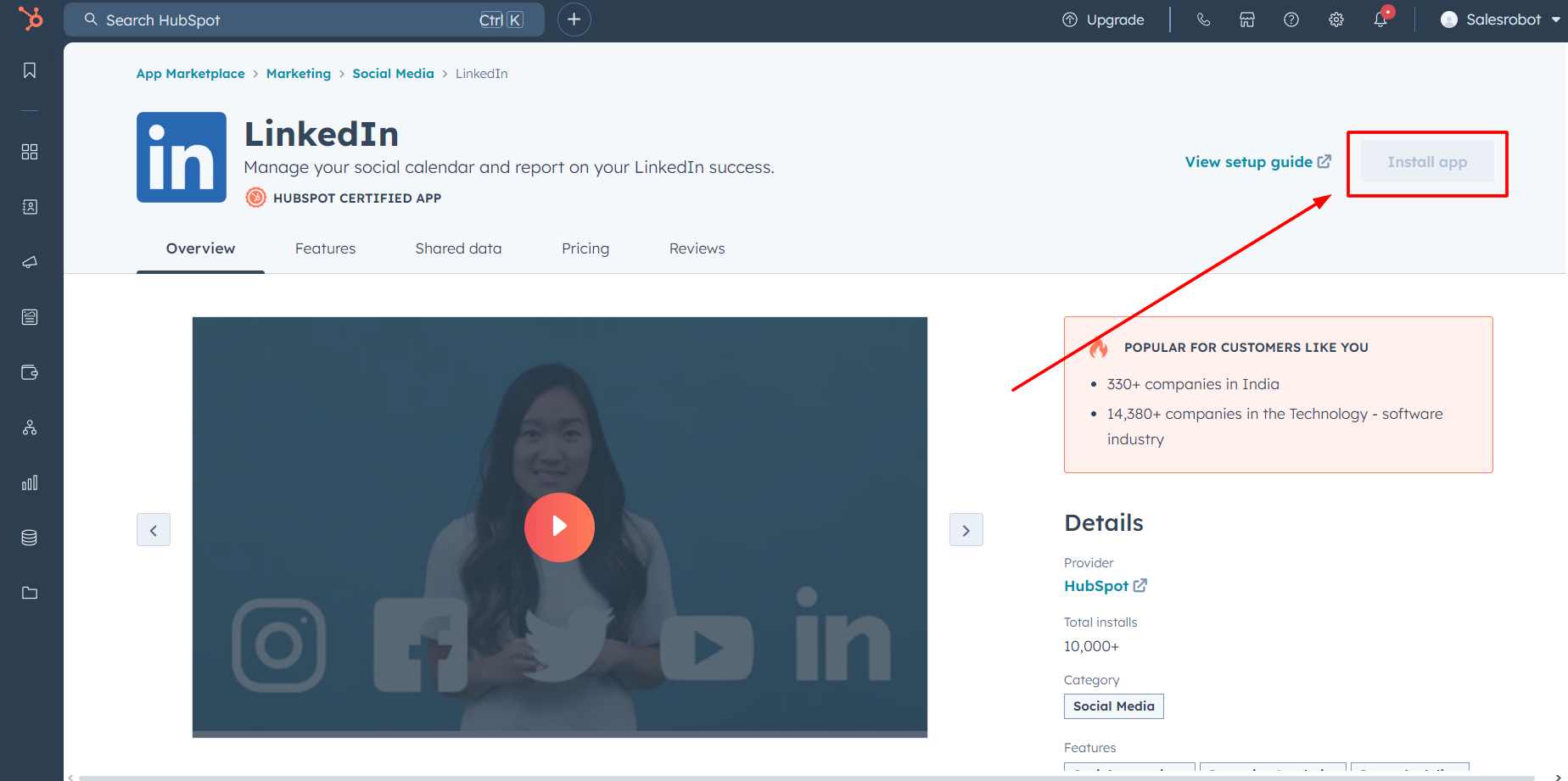 HubSpot marketplace LinkedIn integration Install button