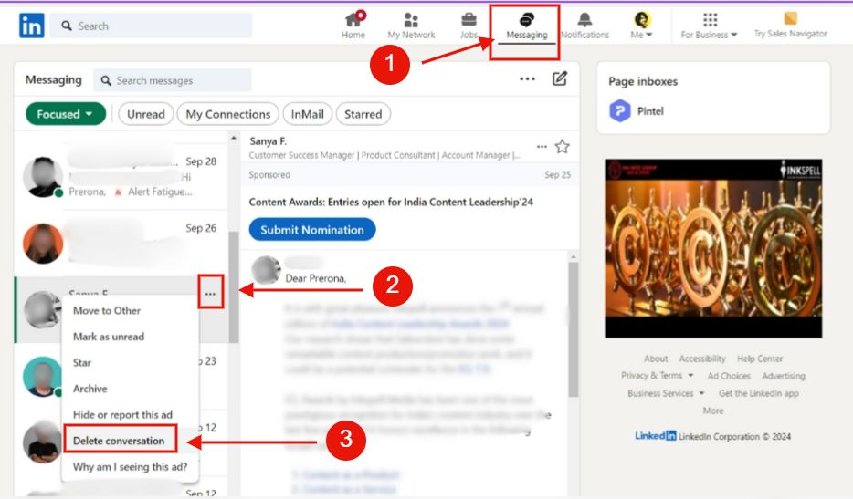 A step-by-step image guide of how to delete LinkedIn messages.