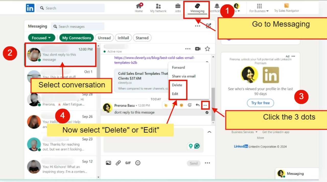 A step-by-step guide of how to delete sent messages on LinkedIn.