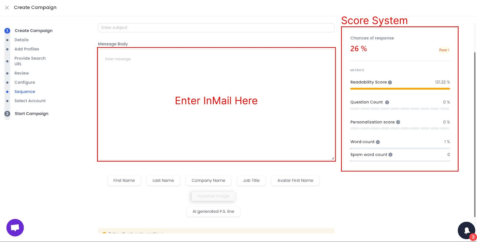 salesrobot inmail creation and score system