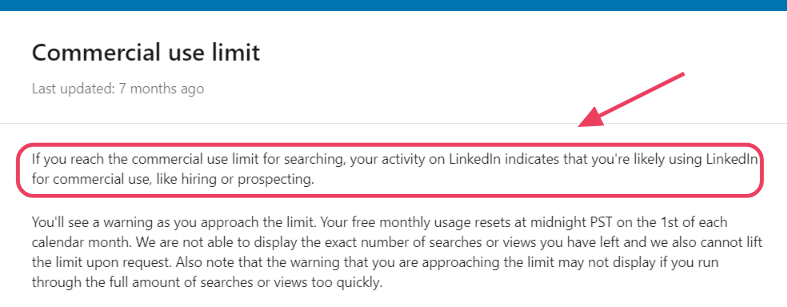 LinkedIn commercial use limit info