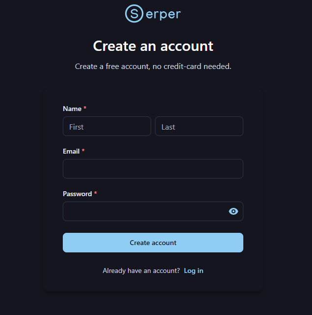 Serper create account button