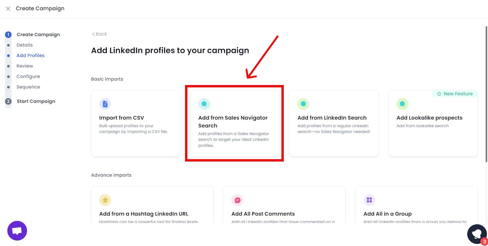 Create campaign via sales nav link