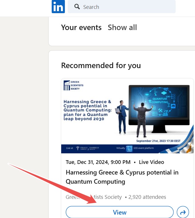 Click on ‘view’ LinkedIn event listing for "Harnessing Greece & Cyprus Potential in Quantum Computing."