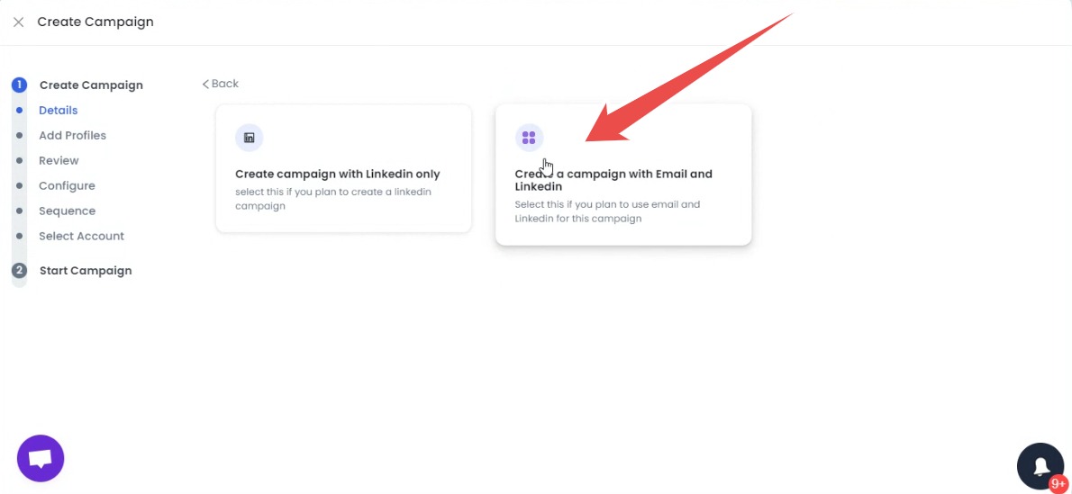 SalesRobot create campaign page with "Create a campaign with email and Linkedin" annotated 