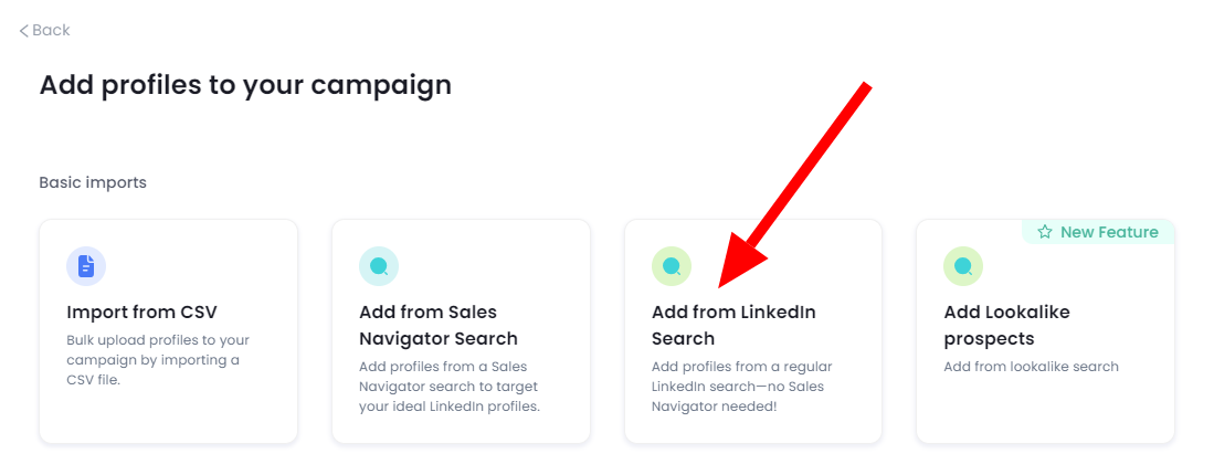 SalesRobot add profiles page with "Add from Linkedin Search" highlighted.