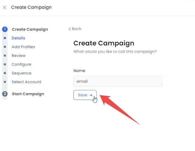 SalesRobot create campaign page with "Save" button.