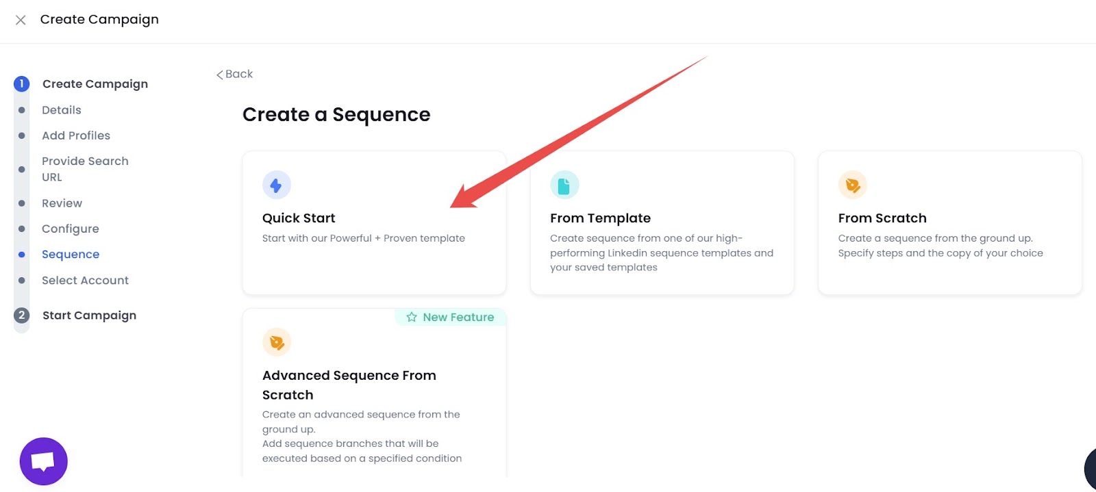 SalesRobot create sequence page with "Quick Start" highlighted