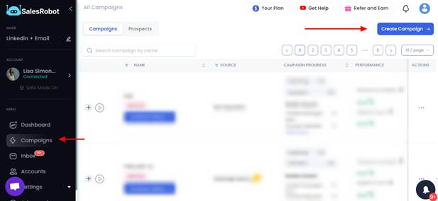 SalesRobot interface with "Campaigns" highlighted and "Create Campaign" button.
