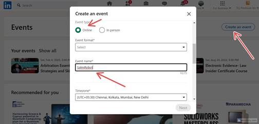 LinkedIn event creation page with "Create an event" button.