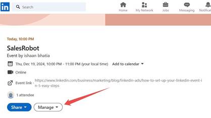 LinkedIn event page with "Manage" button.