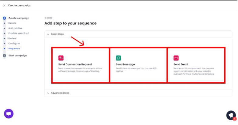 A screenshot of the SalesRobot page showing the "Add step to your sequence" page with different options to add a step, with arrows pointing to the options to "View Profile", "Like Post", "Comment on Post", and "Share Post".