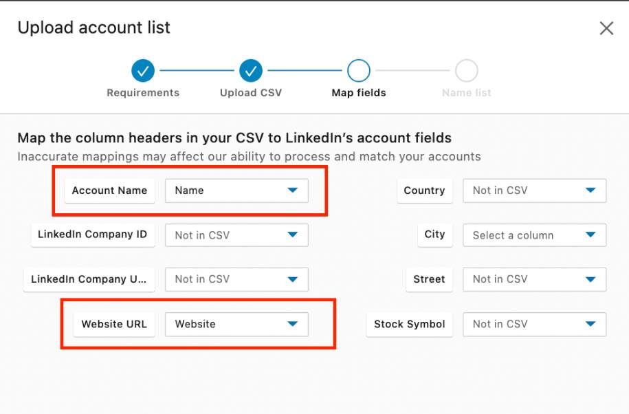 A screenshot of a Sales Navigator page showing an upload progress bar for an account list.