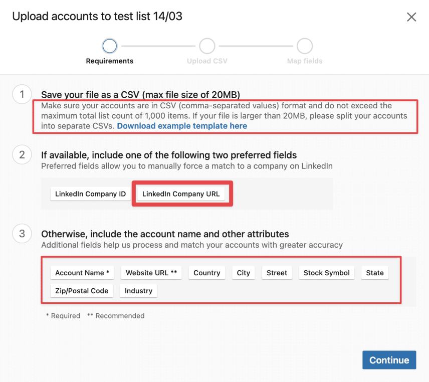 A screenshot of a web page with instructions on how to prepare a CSV file for uploading, including requirements for file size and format.