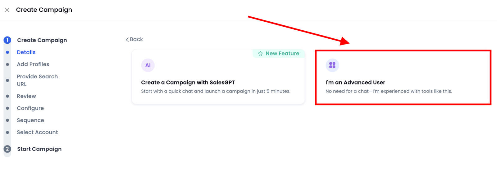 Step 2 to create new campaign on SalesRobot 