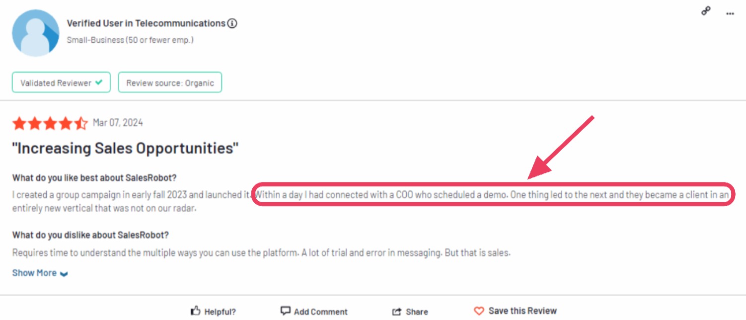 Review highlighting positively about Salesrobot