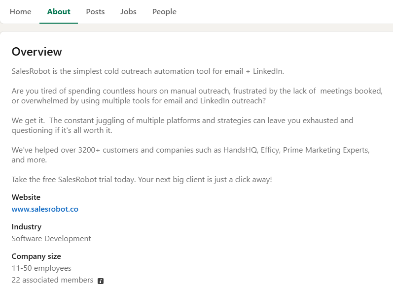 SalesRobot linkedin page about section