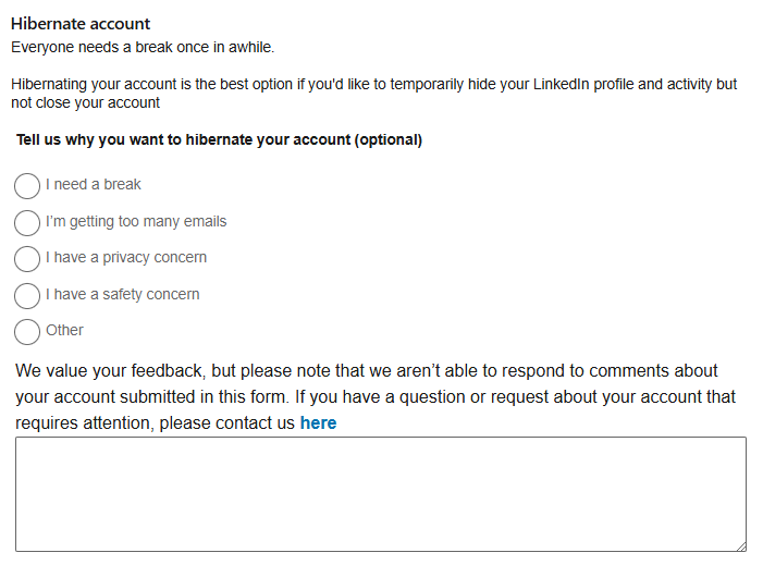 page asking for reason for hibernating LinkedIn account