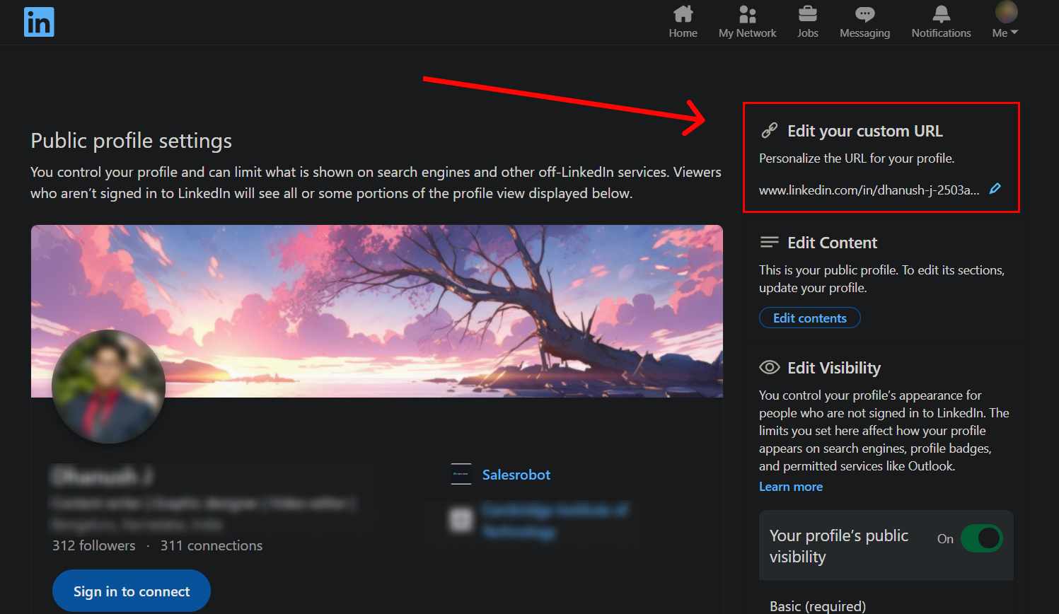LinkedIn edit your custom URL option