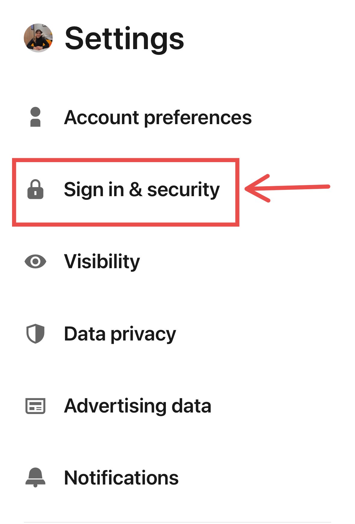 Sign in & security option in LinkedIn app