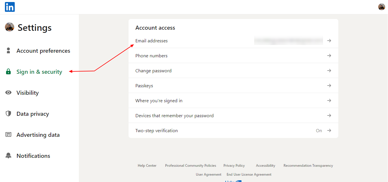 Sign in & security option and the Email addresses option in LinkedIn settings