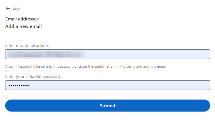 Add a new email address and confirm password option in LinkedIn website settings