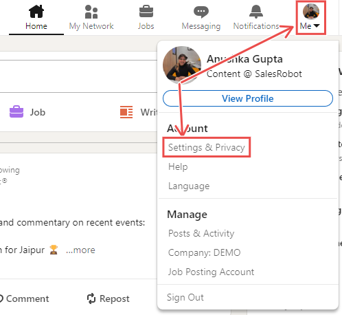 Profile picture dropdown on LinkedIn website with the Settings & Privacy option