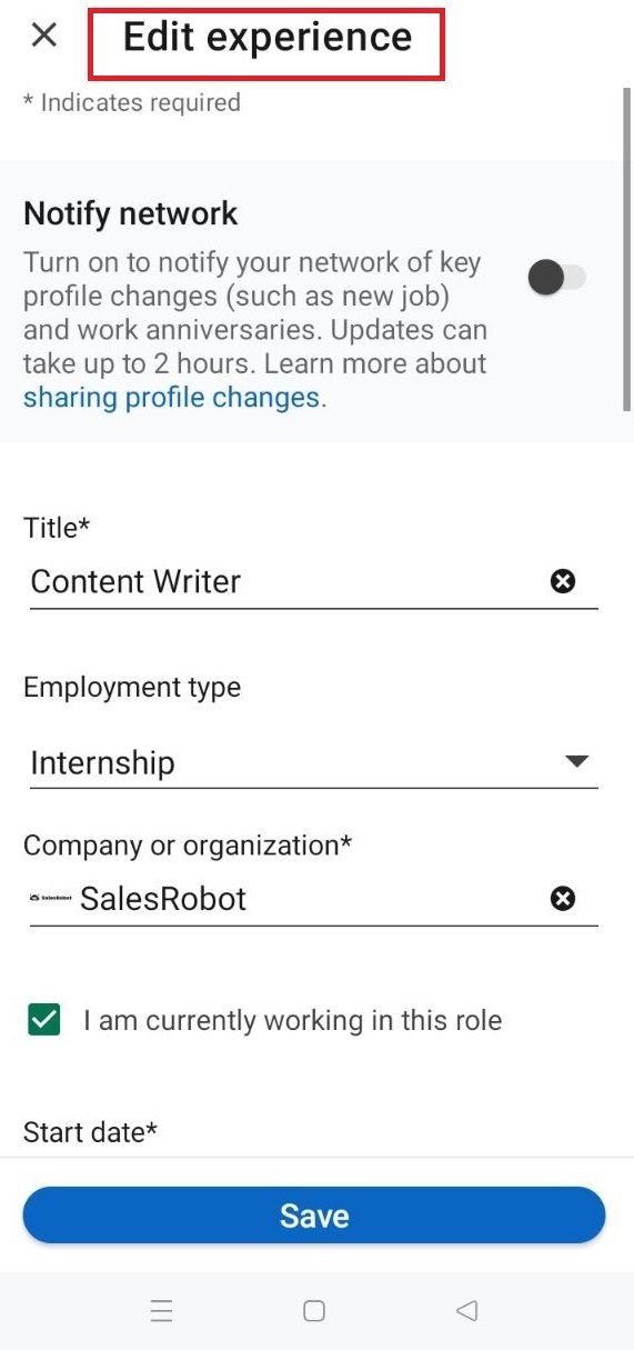 Image of edit experience option on linkedin app