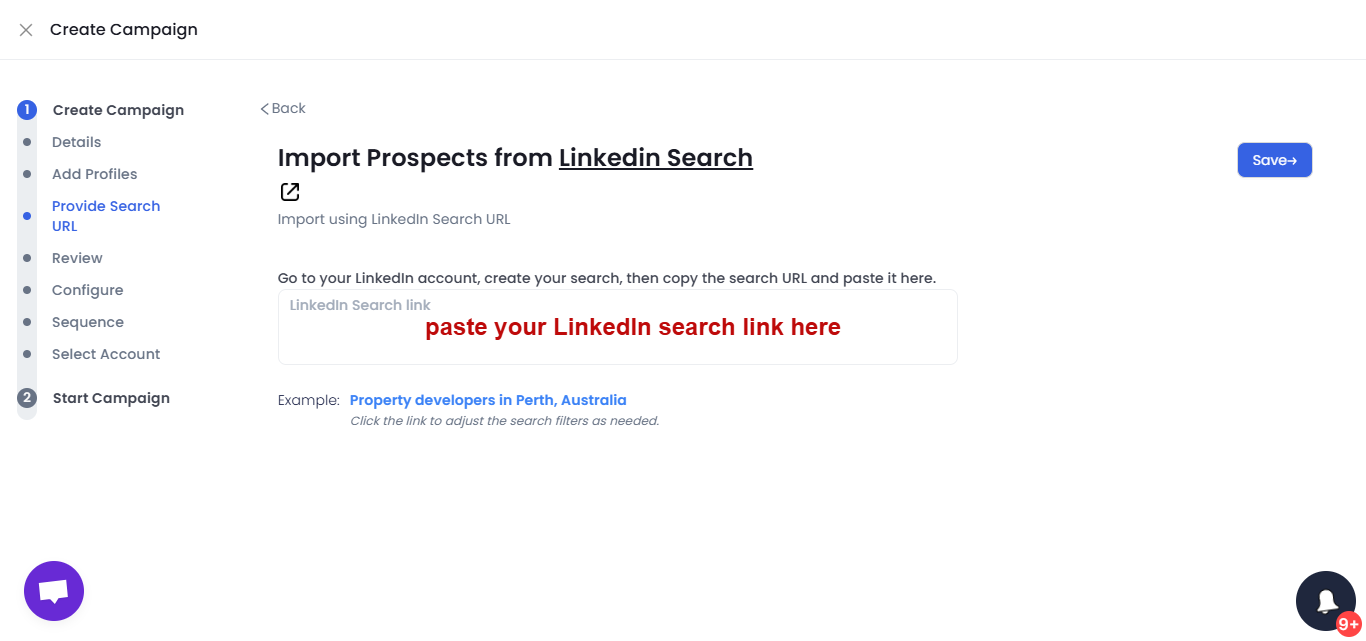 Paste your Sales Nav search URL