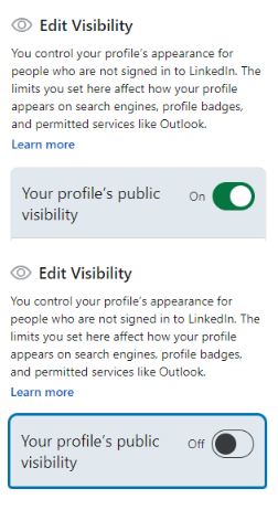 Edit profile's public visibility option on LinkedIn profile turned on.