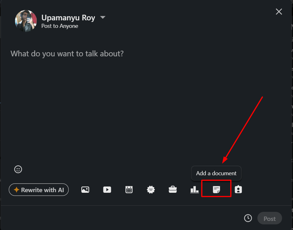 LinkedIn post box add document 