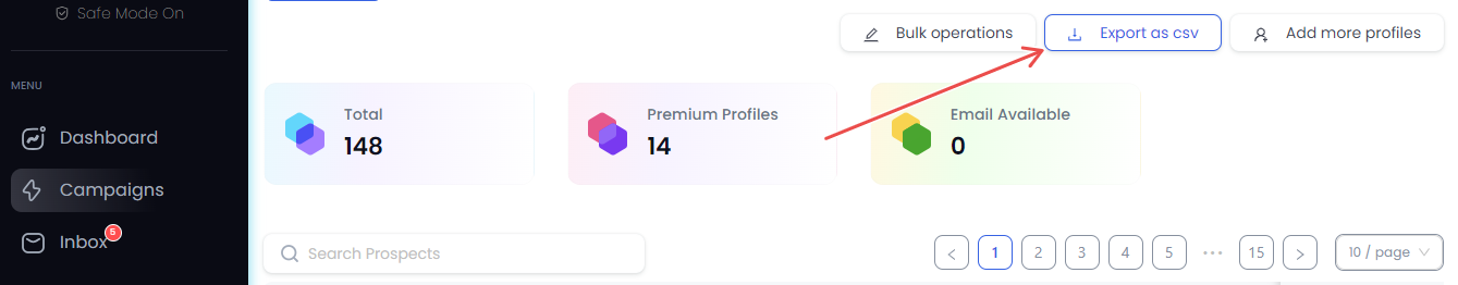 export as CSV button in prospects page