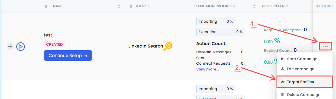 created campaign actions button target profiles options selected