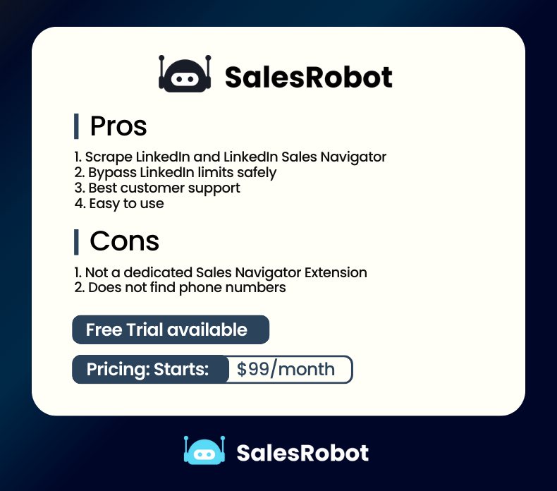 Infographic explaining the pros, cons, and monthly prcing of Salesrobot