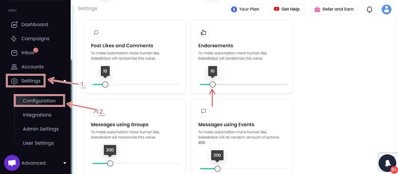 SalesRobot configurations page "Endorsements" option