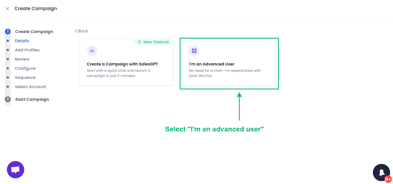 SalesRobot create campaign options with the 'I'm an Advanced User' option highlighted