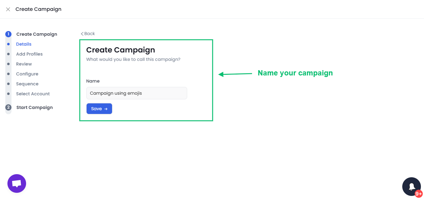 Screenshot of the 'Create Campaign' interface, highlighting the campaign naming field.