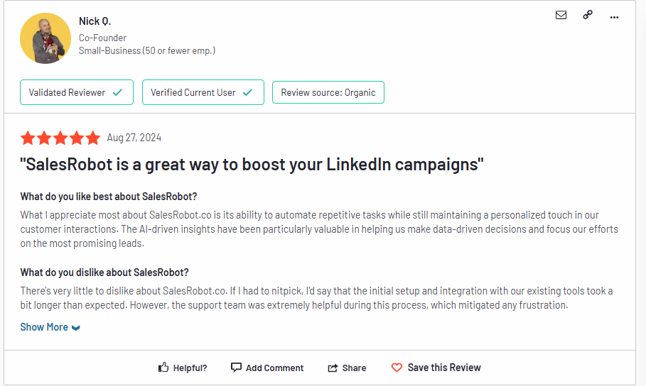 A five-star review of SalesRobot describing it as a great way to boost LinkedIn campaigns.