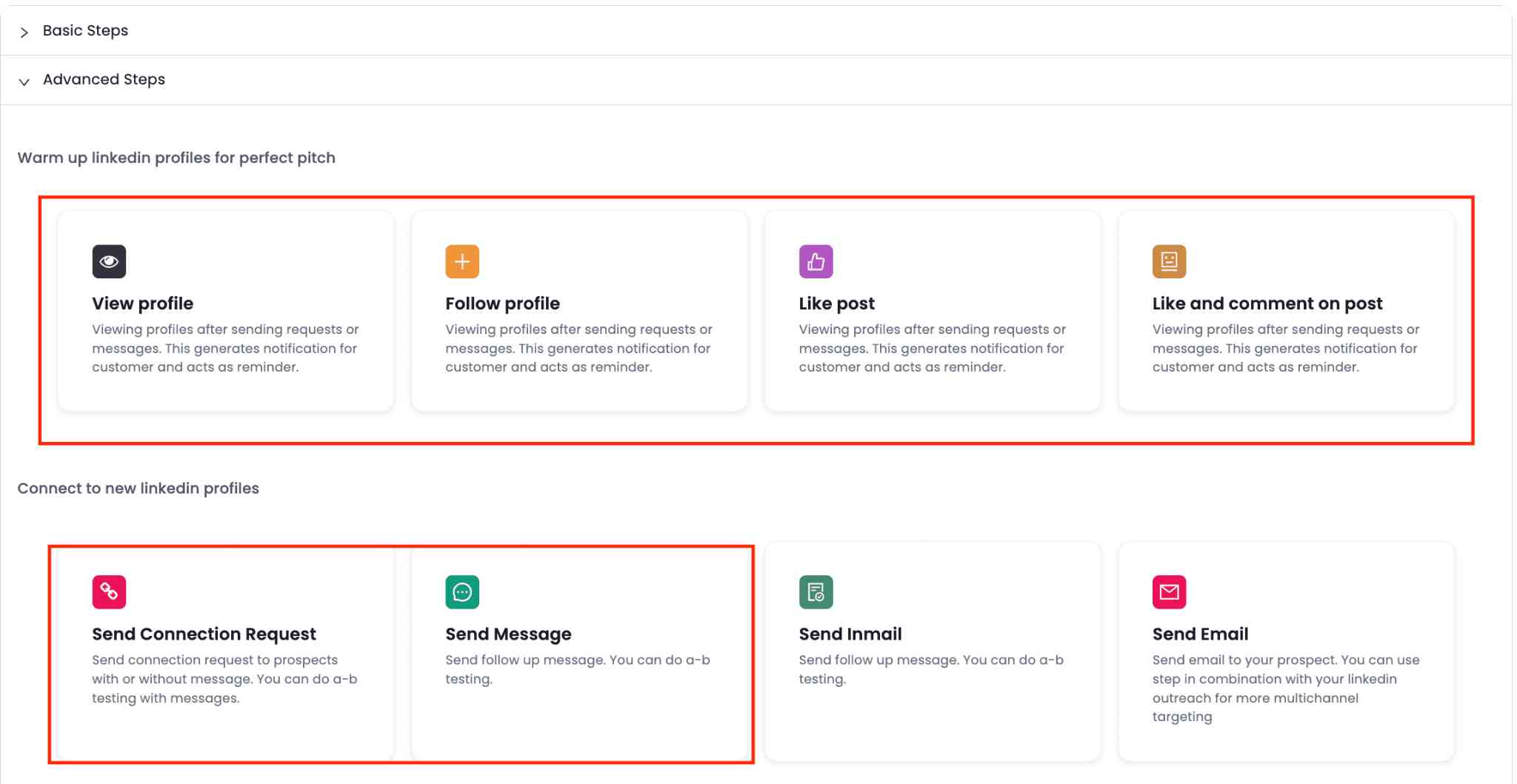 Screenshot of SalesGPT's "Basic Steps" and "Advanced Steps" sections, displaying available LinkedIn actions.