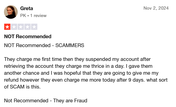 One-star review of GMass with a complaint about being charged multiple times and scammed