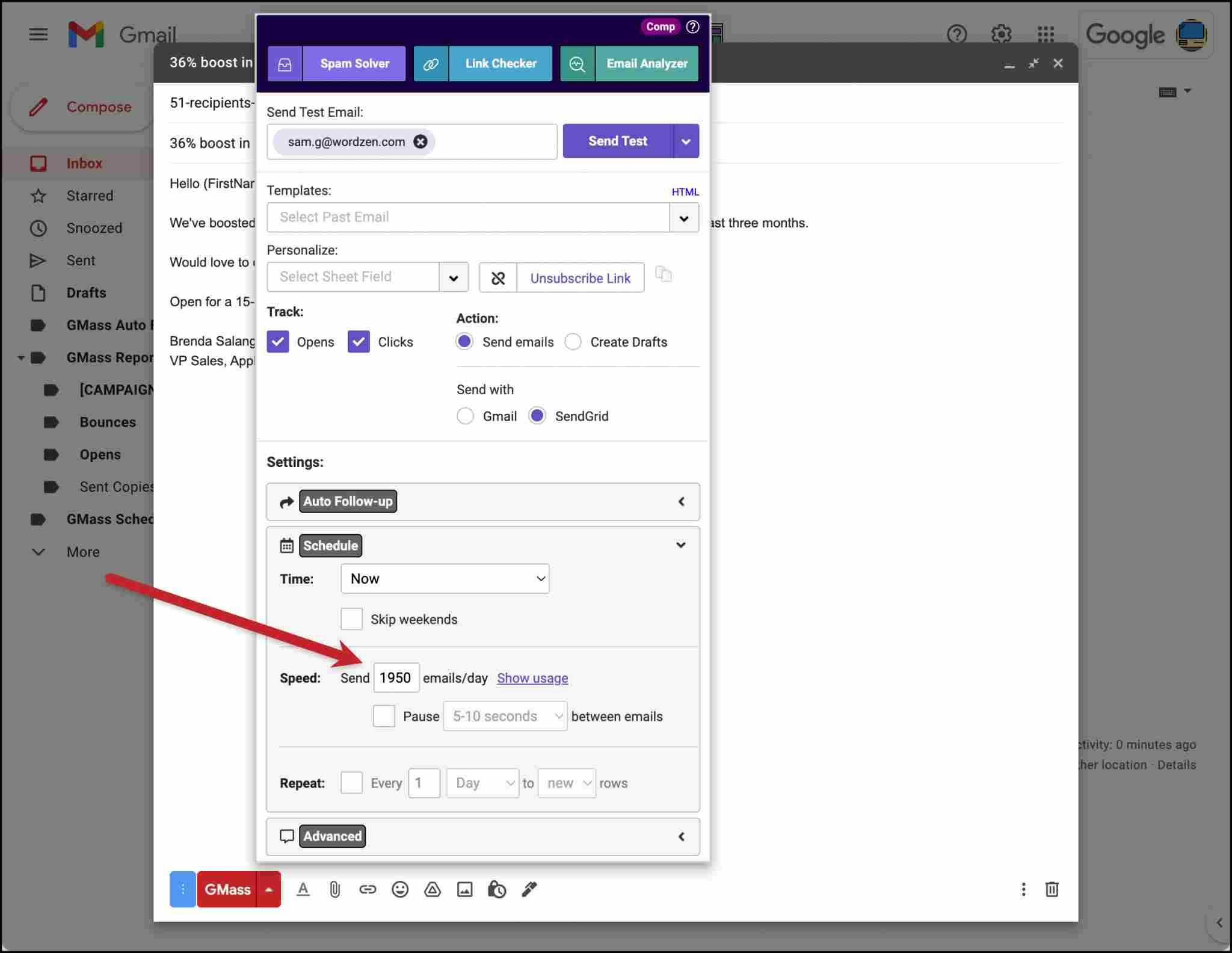 The GMass interface for composing an email campaign in Gmail.