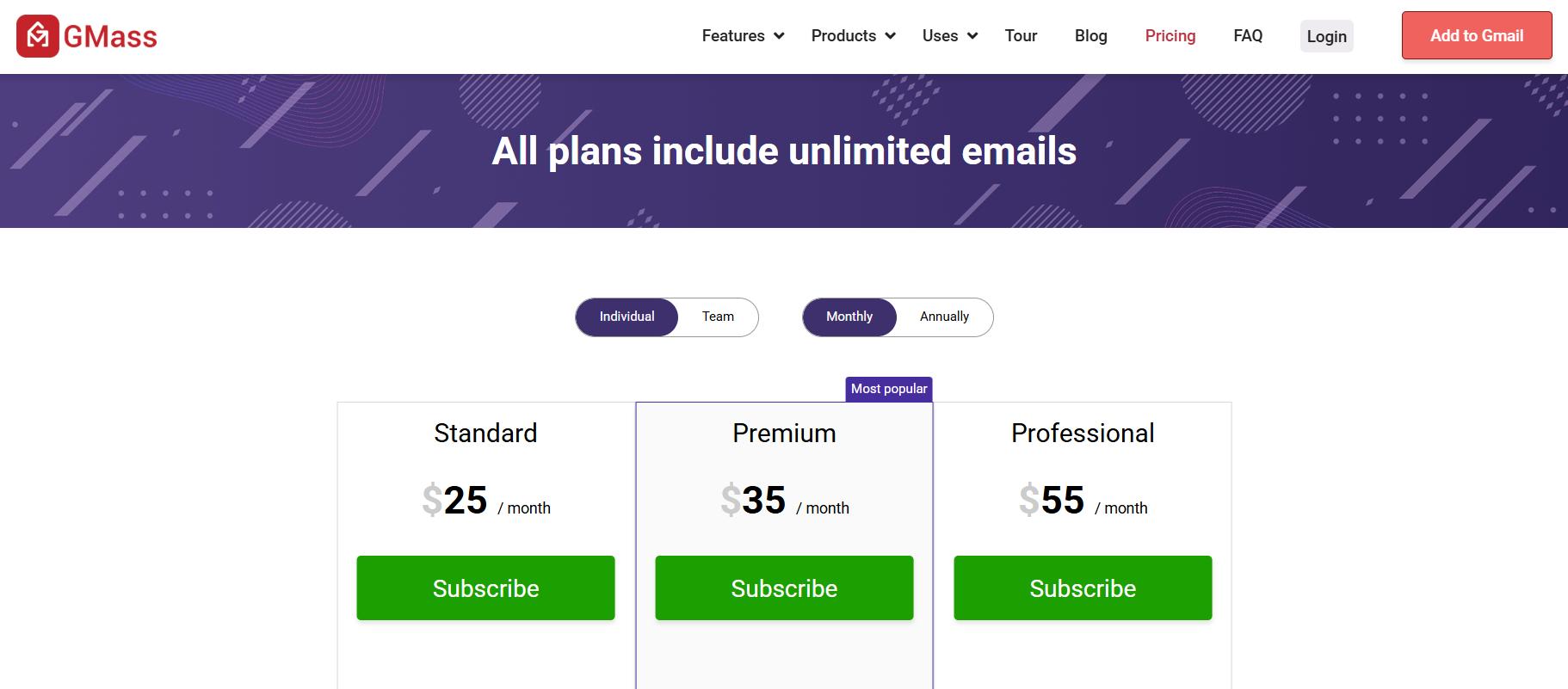 GMass pricing plans.