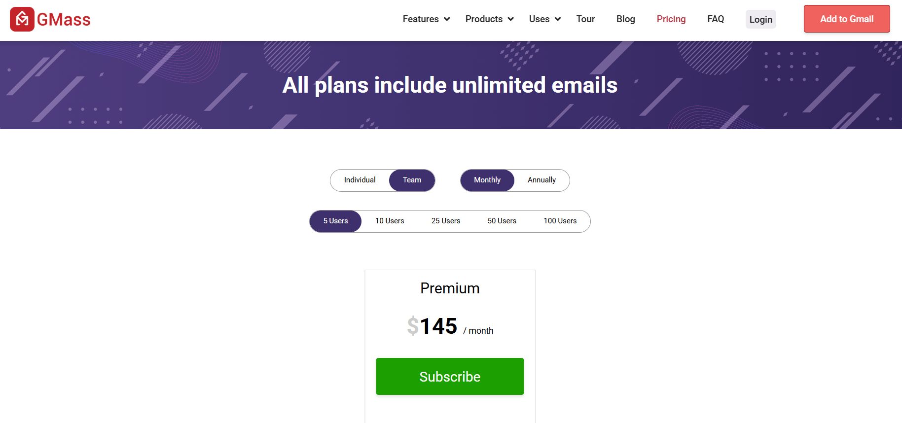 GMass email marketing platform pricing page