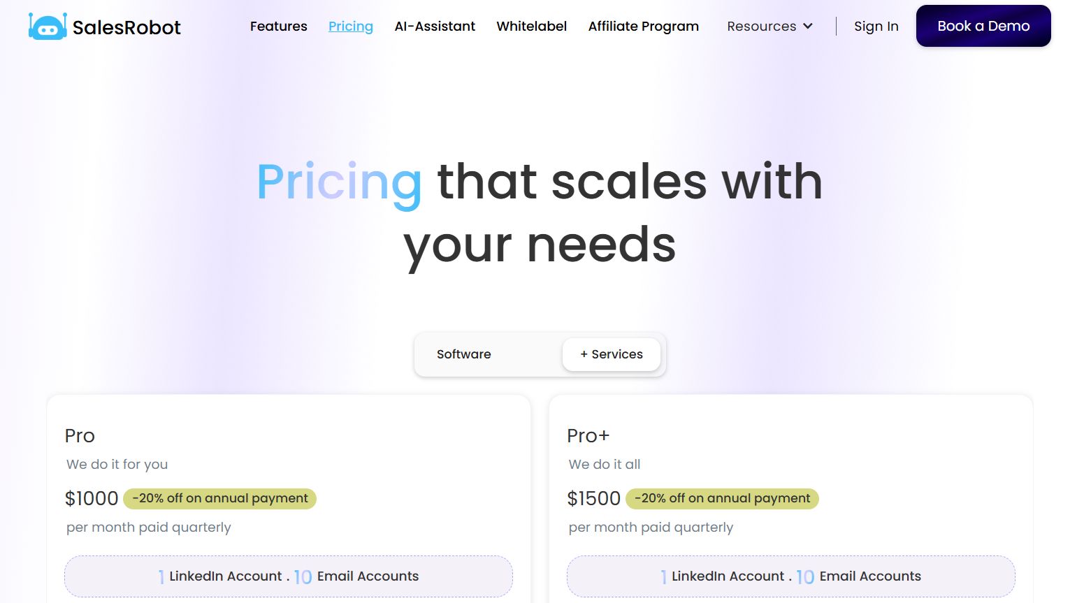 SalesRobot's pricing page.