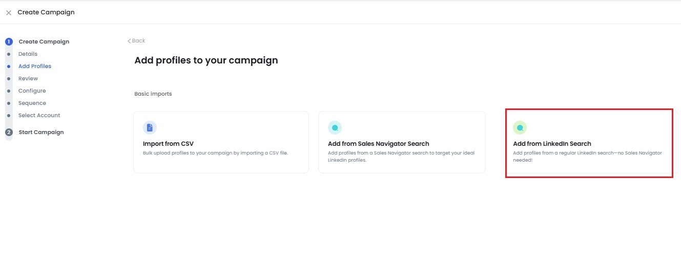 SalesRobot add profiles page with options to import from CSV or LinkedIn search