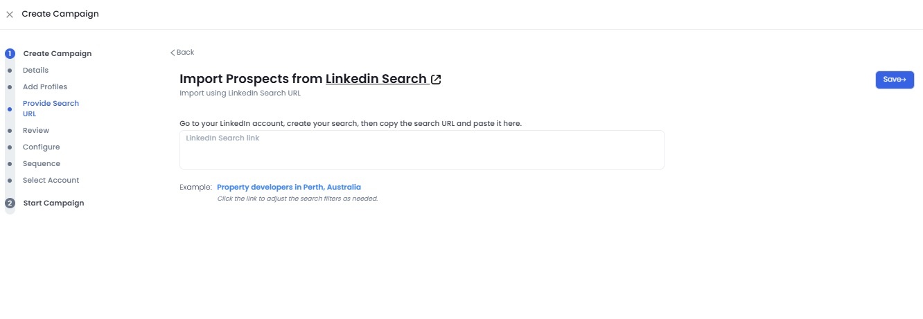 SalesRobot provide search page to import prospects from LinkedIn search URL